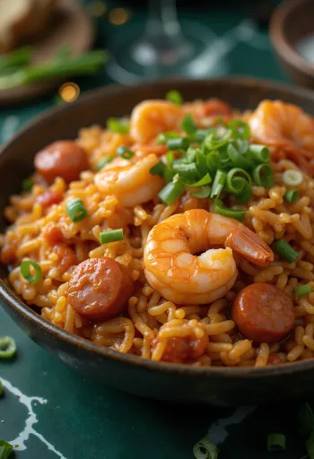 Shrimp and sausage jambalaya, rich spicy rice dish