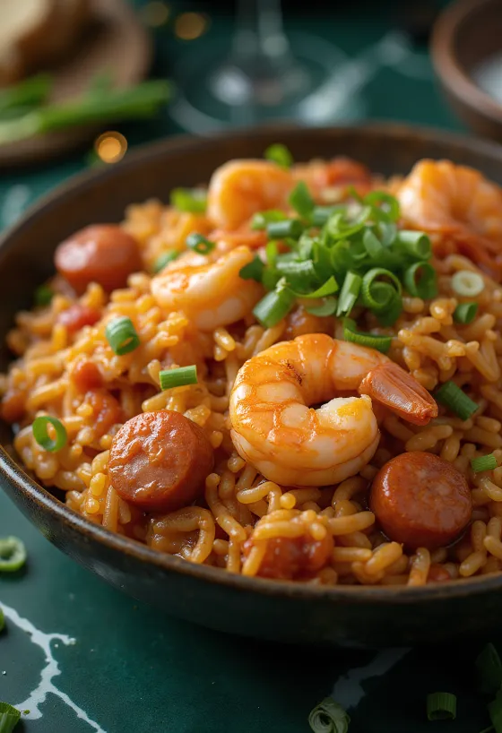 Shrimp and sausage jambalaya, rich spicy rice dish
