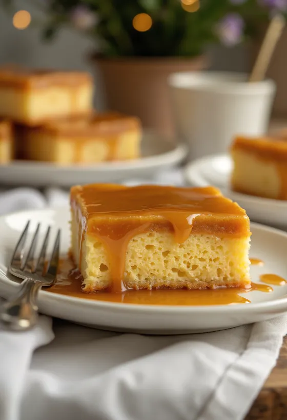 Caramel sheet cake served
