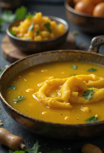 Rasam served in rich spicy broth with gooseberries and fresh cilantro leaves