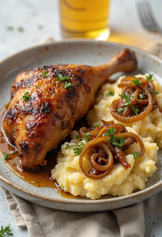 Roasted duck legs served with creamy mashed potatoes