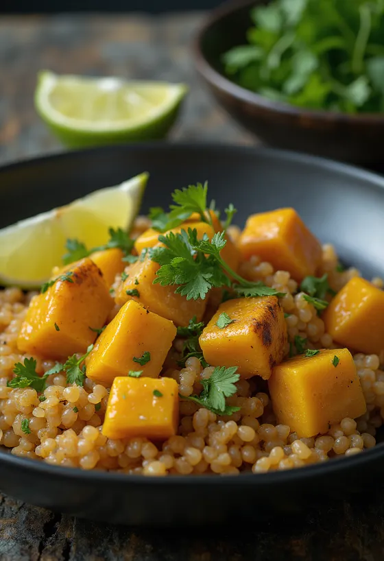 Butternut squash quinoa wok with curried tahini tofu