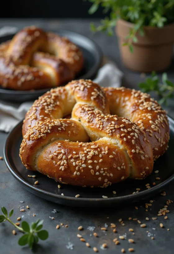 Freshly baked sesame pretzels