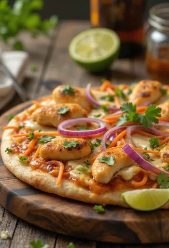 Thai chicken pizza with peanut sauce and cilantro
