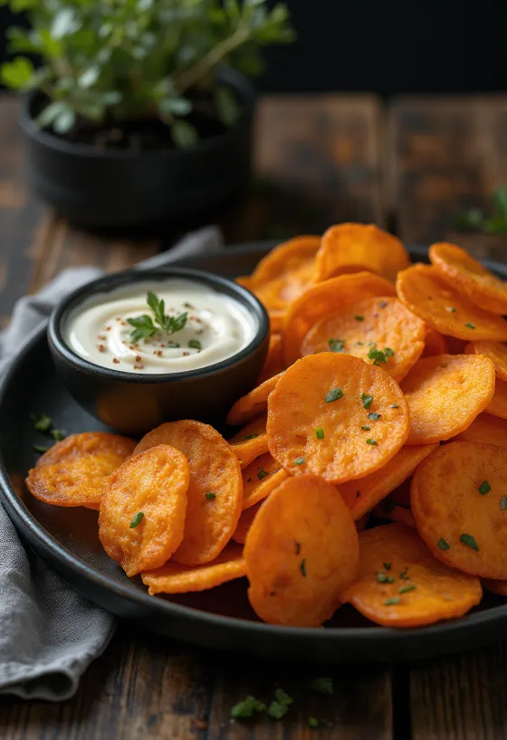 Sweet potato chips with spicy sauce served