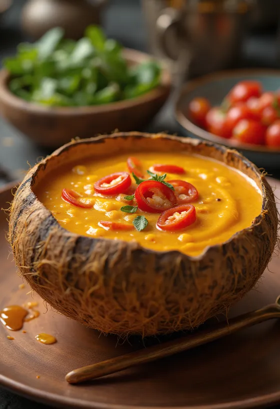 Bowl of spicy coconut lime sauce with chili peppers.