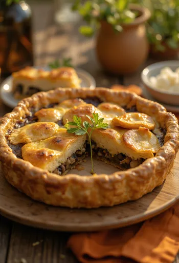 Creamy mushroom vegan pie cut into slices