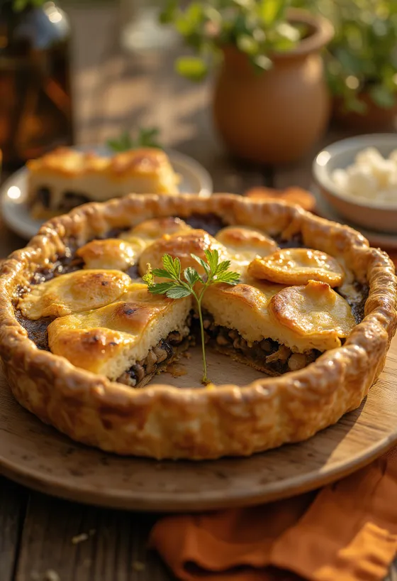 Creamy mushroom vegan pie cut into slices