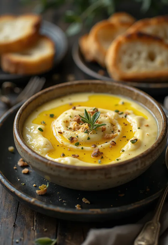 Eggplant dip with a smooth and creamy texture, served with fresh herbs and olive oil.