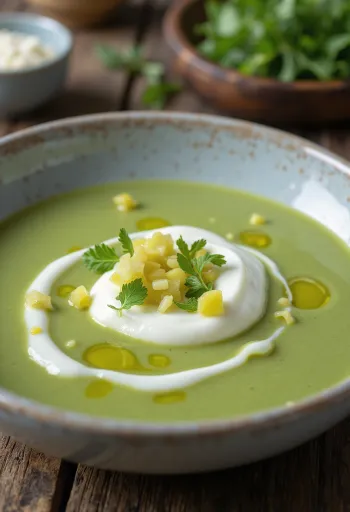 Potato leek soup topped with yogurt, garnished with leek rings and fresh parsley