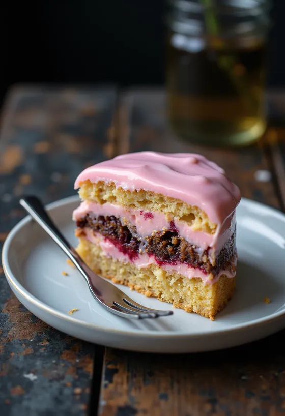 Colorful punch cake slices layered with pink glaze and soft sponge.