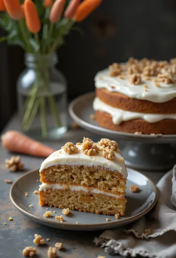 Carrot cake topped with cream cheese frosting, walnuts, and shredded carrots