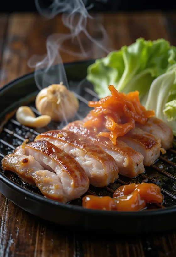 Samgyeopsal tálalva salátalevelekkel és kimchivel