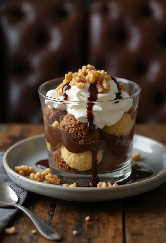 Layered Hungarian trifle with sponge cake, vanilla cream, and chocolate sauce