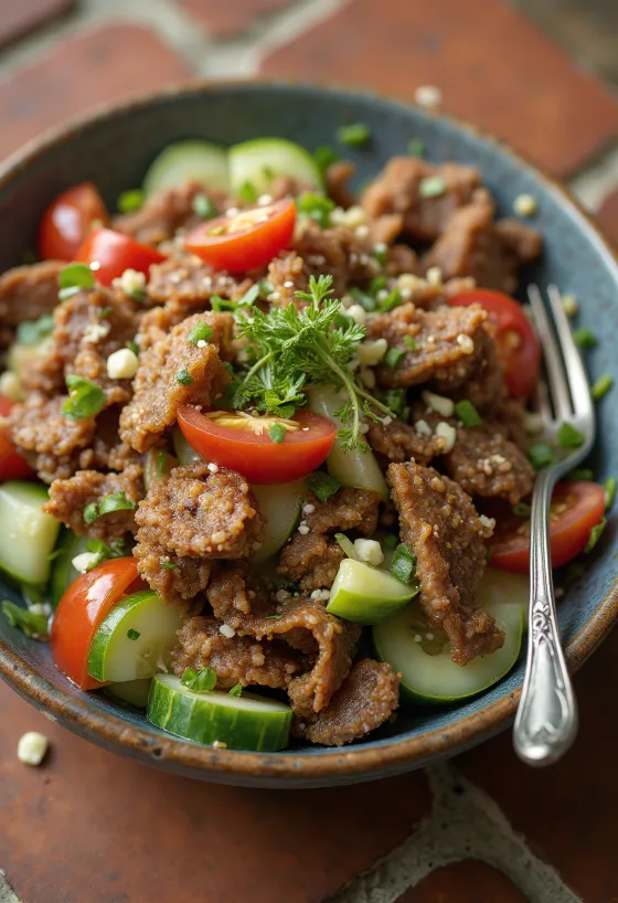 Warm beef salad with cucumber, tomato, and fresh herbs