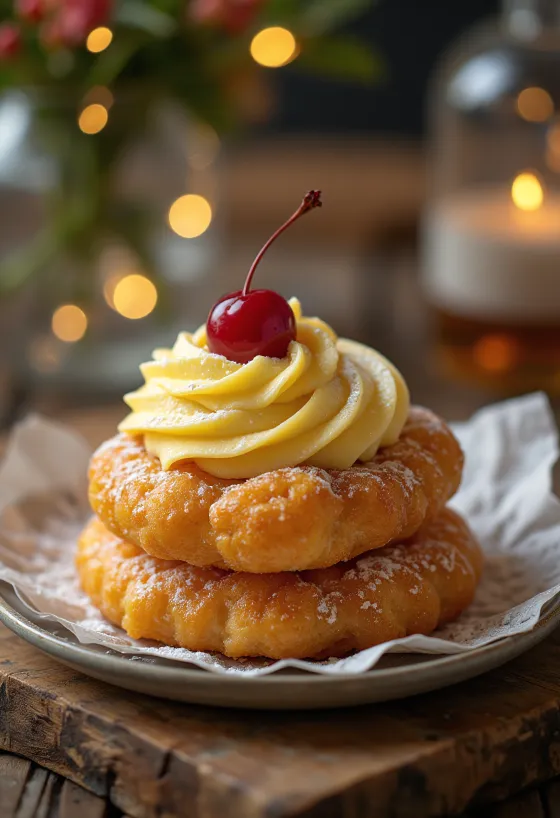 Zeppole di San Giuseppe filled with vanilla cream and topped with cherries