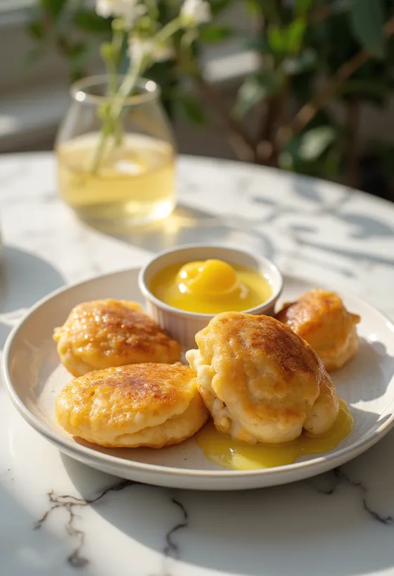 Round Danish pancakes (aebleskiver) served with lemon sauce