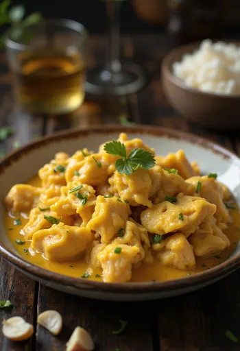 Plate of creamy yellow chicken stew served with rice and potatoes