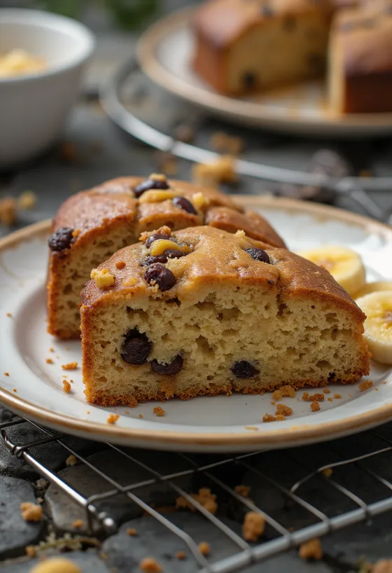 Baked Banana Cake with Raisins, golden brown and sliced