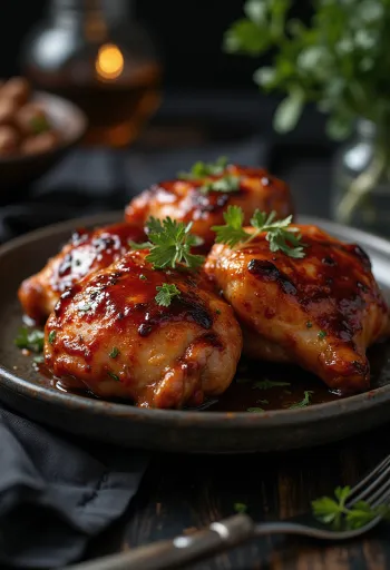 Oven-baked BBQ chicken legs served with fries