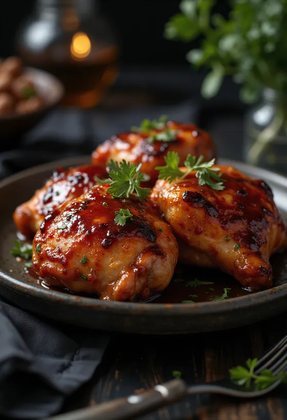 Oven-baked BBQ chicken legs served with fries