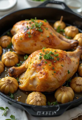 Golden brown garlic roast chicken garnished with fresh herbs