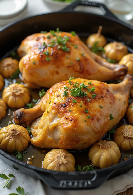 Golden brown garlic roast chicken garnished with fresh herbs