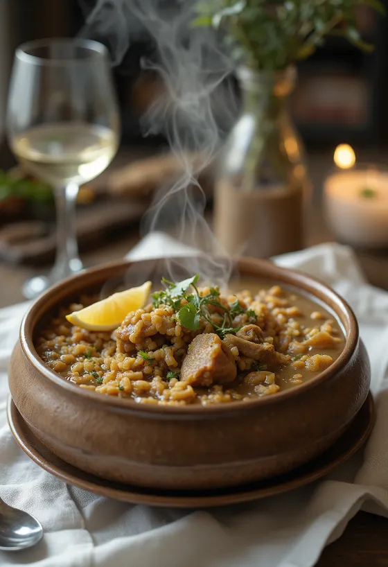 Haleem with lentils served, rich, thick and spicy dish