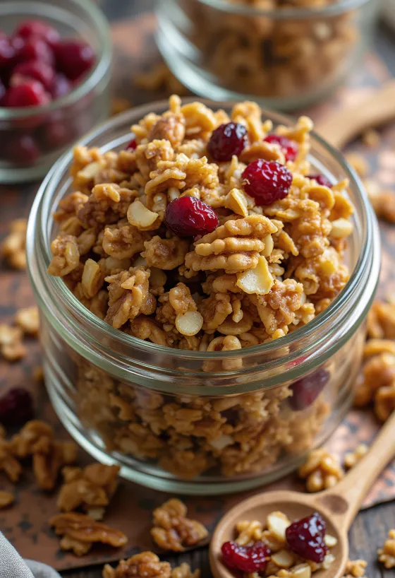 Homemade granola with crispy oats, nuts, and dried fruit.