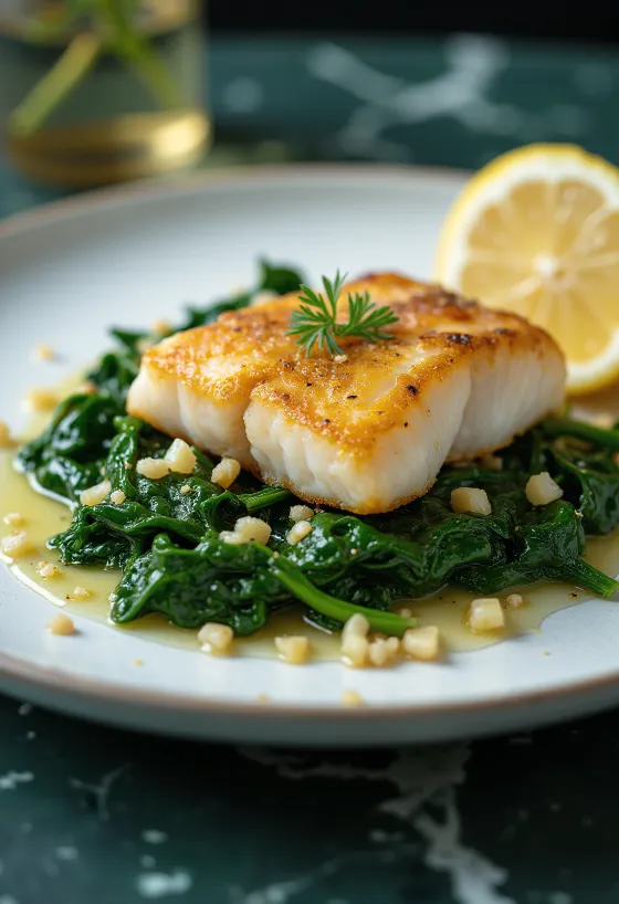 Seared white fish served with wilted spinach