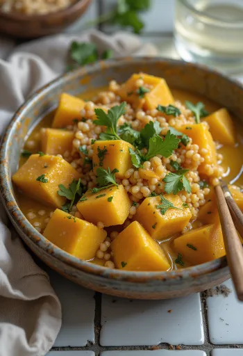 Butternut squash wok with curried quinoa tofu and tahini