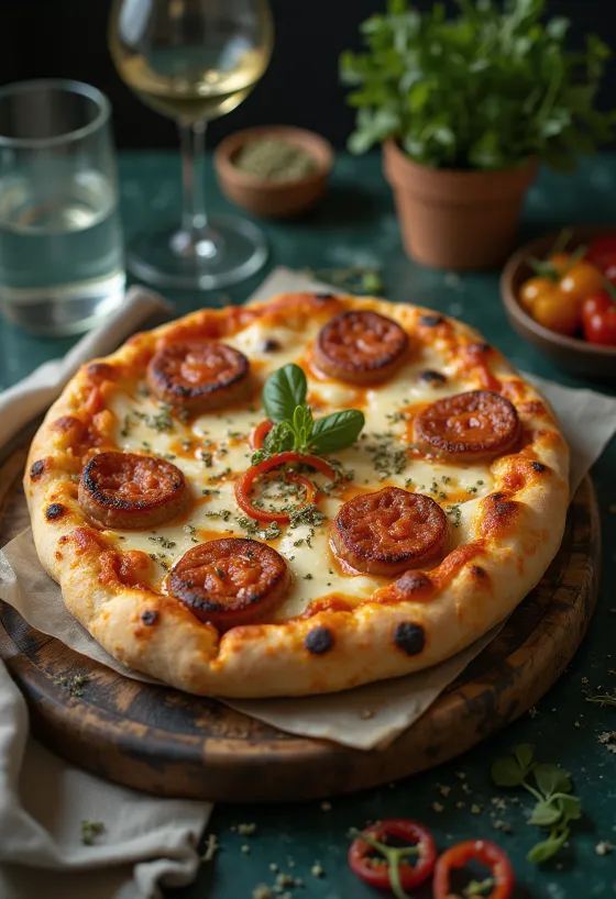 Vegan spicy pizza with plant-based sausage