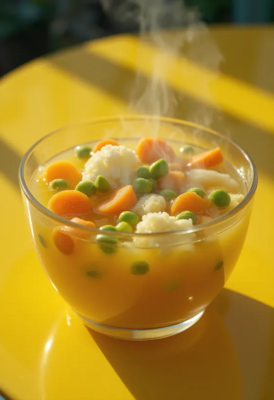 Fresh vegetable soup served with carrots, celery, and parsley.