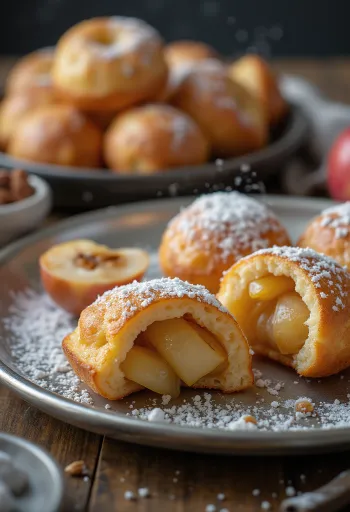 Æbleskiver with apple cinnamon filling, baked golden brown, dusted with powdered sugar
