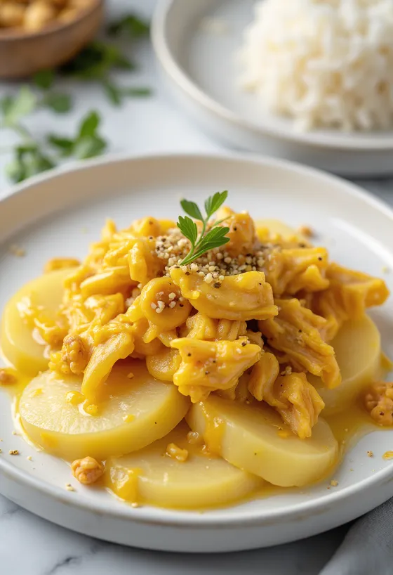 Creamy yellow chicken stew topped with walnuts, served with rice