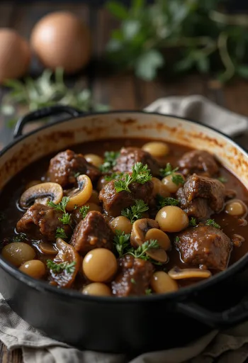 Beef Bourguignon stew with fresh thyme and crusty bread