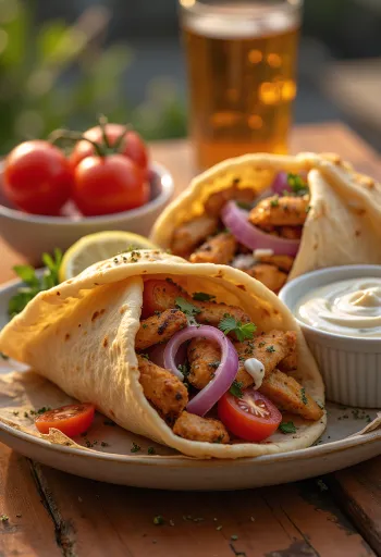 Freshly cooked gyros meat in pita, served with vegetables and yogurt sauce.