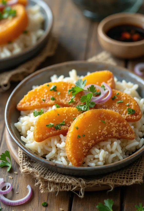 Kaki furai served with rice, fresh cilantro, and soy sauce
