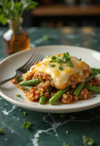 Baked green bean casserole with meat and rice