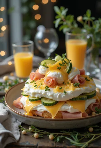 Ham and cheese sandwich cake garnished with fresh vegetables