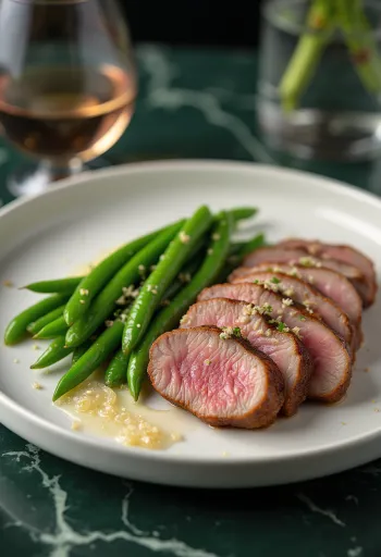 Sliced duck breast with green beans