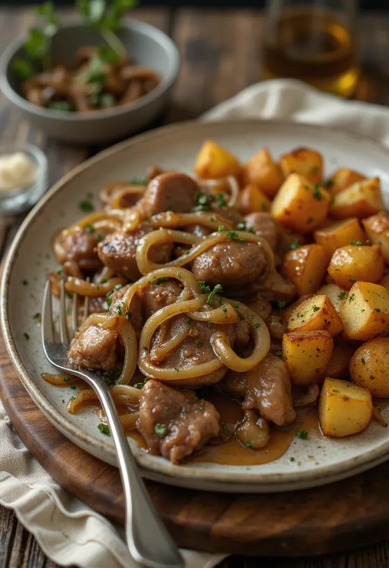 Pan-fried chicken livers with potatoes