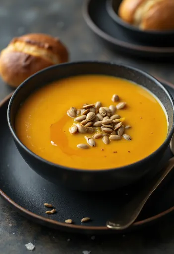 Butternut squash soup served with toasted seeds and fresh olive oil.
