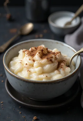 Creamy rice pudding served with cinnamon and fresh fruit