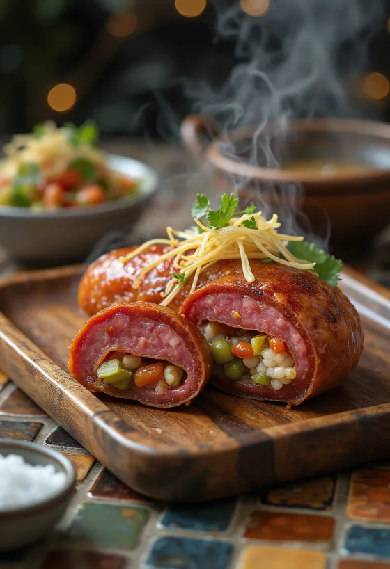 Sliced Abai Soondae sausage with rich rice and vegetable filling