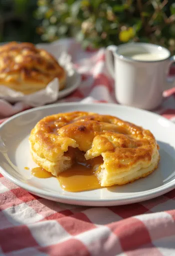 Caramel stuffed æbleskiver baked golden brown, dusted with powdered sugar
