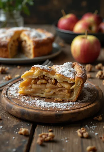 Apple walnut pie sliced and served