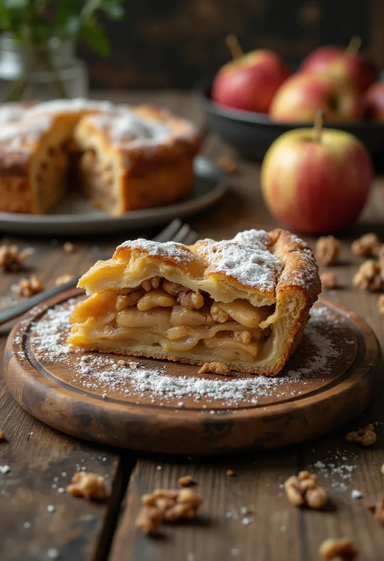 Apple walnut pie sliced and served