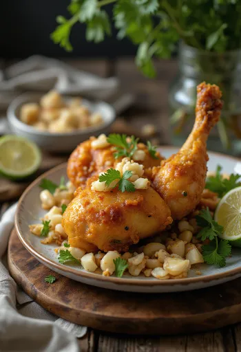 Crispy Ayam Penyet chicken served with spinach and herbs