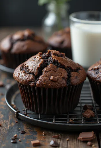 Chocolate muffins with soft crumb and melted chocolate chips inside.
